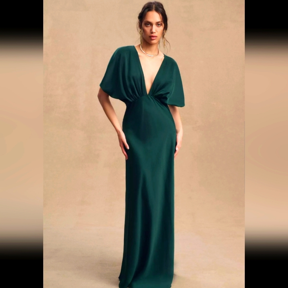BHLDN Deep Green V-Neck Draped Sleeve Wedding Dress